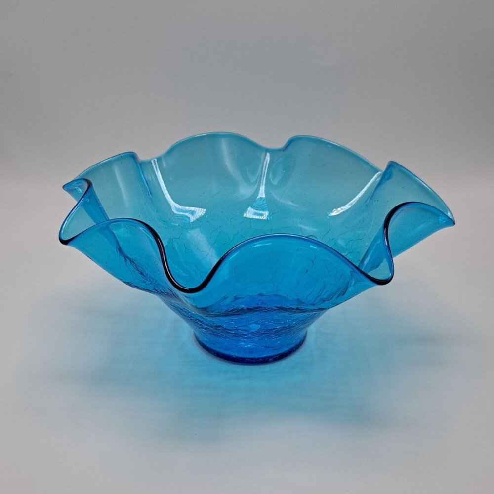 Blanko Crackle Art Glass Ruffle Bowl Blue Decorative Centerpiece